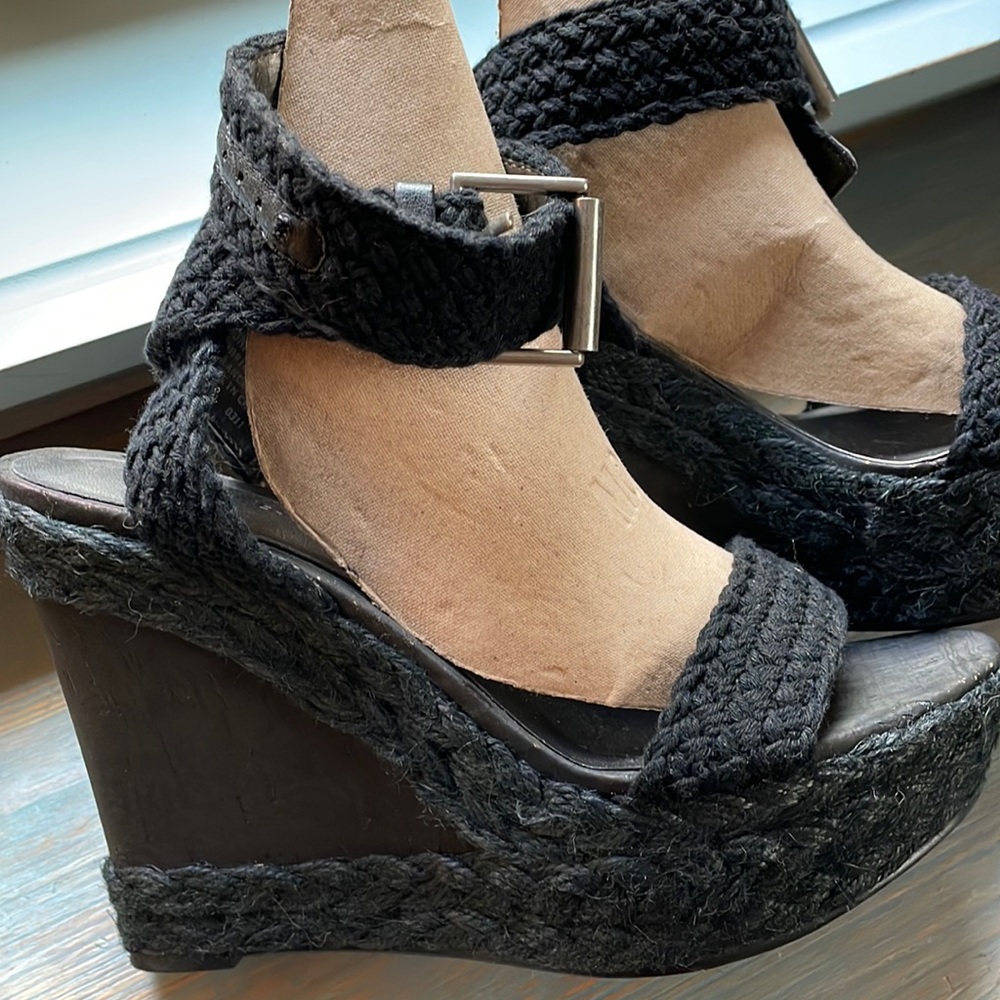 Wedge Ankle Strap Macrame Black Sandal